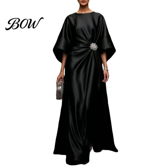 Damen Outfit Satin Fledermausärmel Maxikleid, Strassstein Akzent Rundhalsausschnitt Langer Faltenrock Damen Abendparty A-Linie Formell Hochzeitsgast