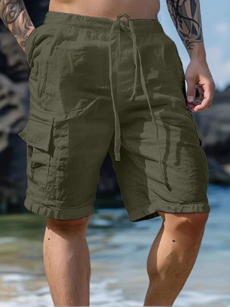 

Men s Beach Shorts with Drawstring Waist, Lightweight Linen-Like Fabric, Multiple Pockets, 3XL армія зелений колір
