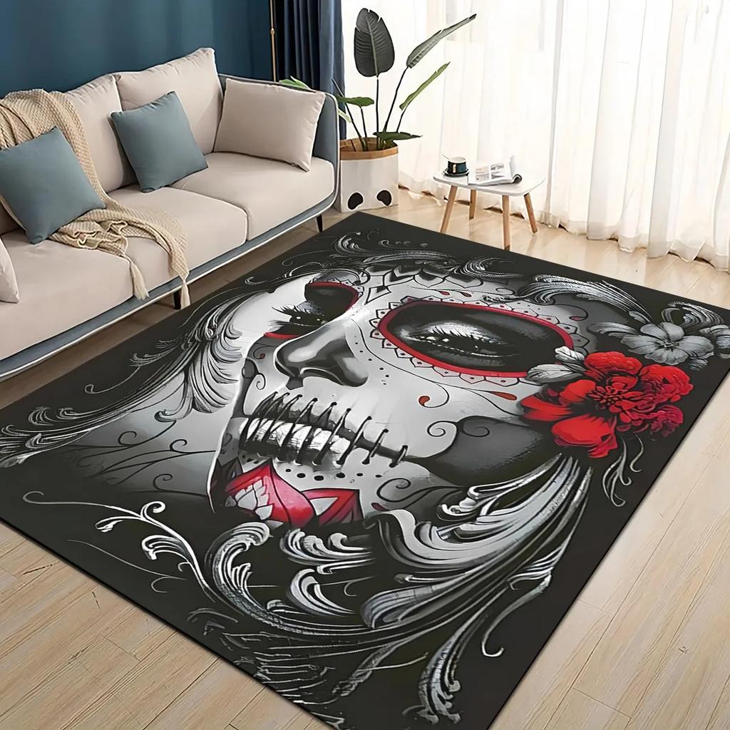 Covor Rug 3D Craniu Gotic Față Trandafir Femeie Desen Animat Groaznic pentru Sufragerie Dormitor Casă Decor Canapea, Covoraș de Podea Antiderapant pentru Copii