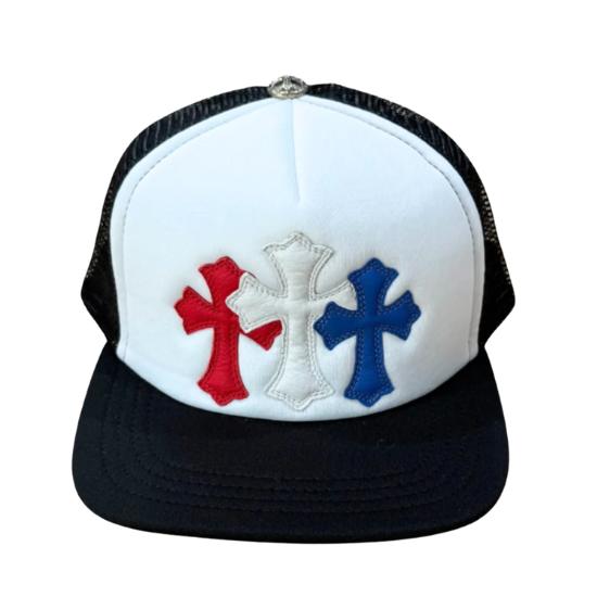

CHROME HEARTS - Tricolor Triple Cross Tracker Hat / Cap (White × Black) Model No: CH-TRI-CROSS-WHBK