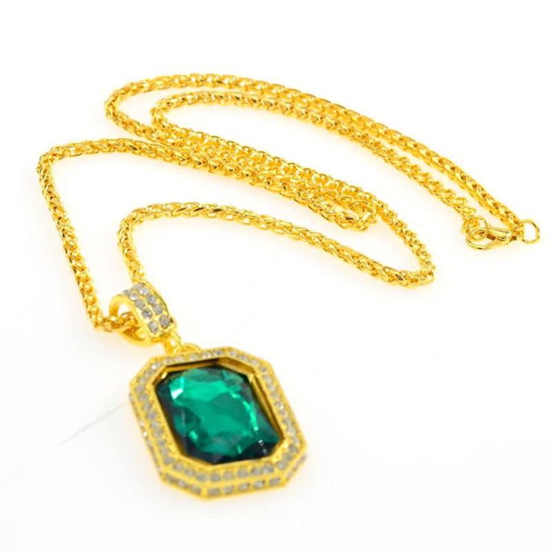 Inlaid Diamond Square Ruby Necklace Hip Hop Men'S Pendant Red Stone Pendant Vintage Jewelry Costume Accessories