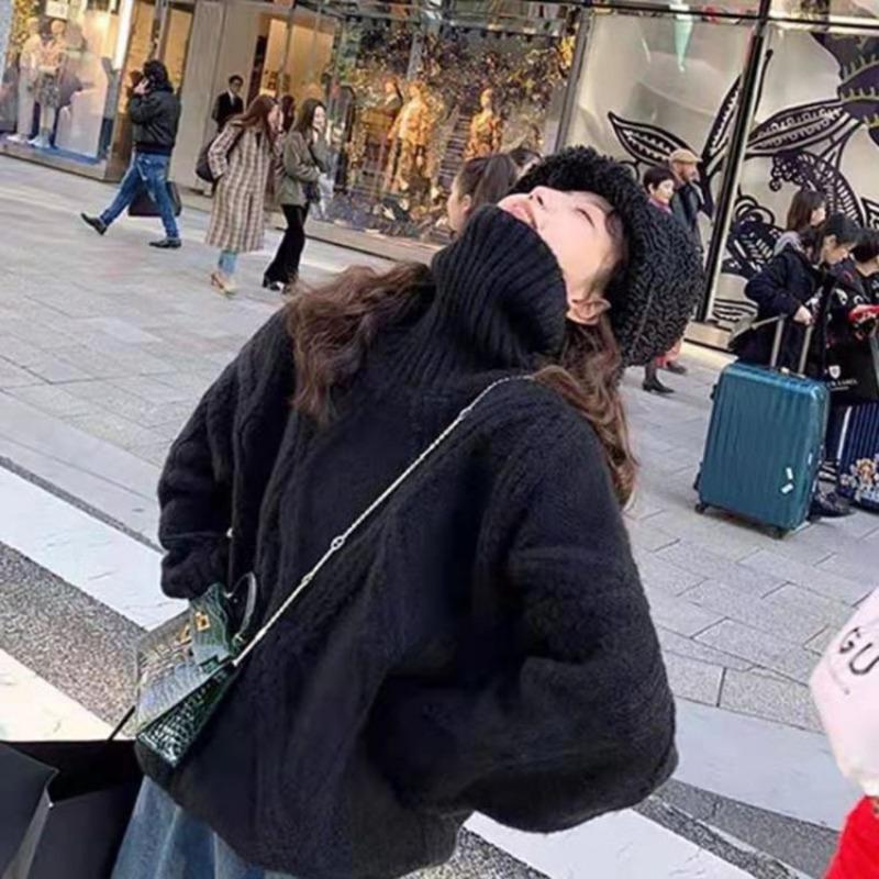 

Осенний свитер женский пуловер с высоким воротом длинный рукав ромбовидная сетка корейская версия повседневный простой вязаный свитер женская верхняя одежда нижняя одежда M чёрный