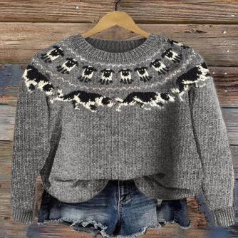 Women's Round Neck Long Sleeve Fair Isle Knit Sweater Regular Fit Casual Pullover Top