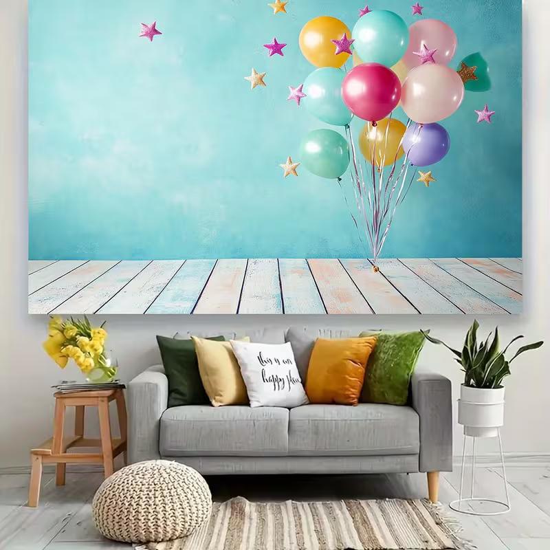 Sfondo Palloncino Piatto 2D Muro Turchese con Stelle Sfondo Fotografico per Feste