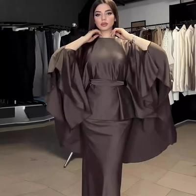 Frühling Rundhals Langarm Kleid Fledermaus Ärmel Schnürung Taille Drop Satin Abdeckung