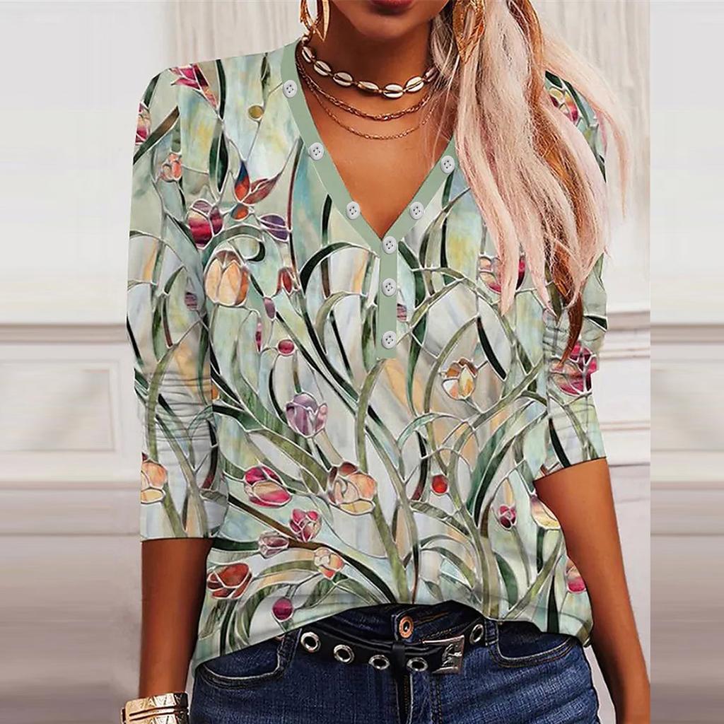 Women's New Button Neck Fashion Print Long Sleeve T-Shirt Slim Top Casual Tops