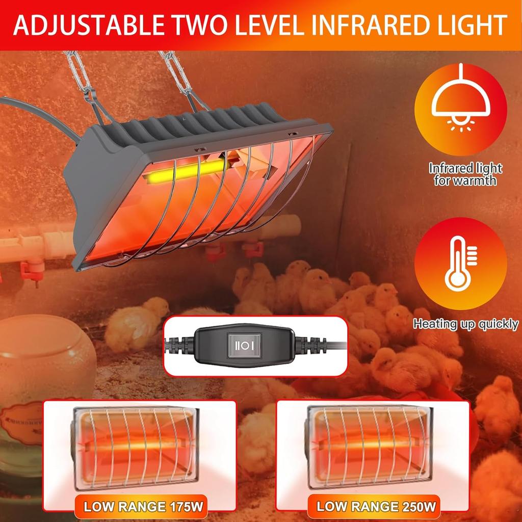 Chicken Coop Heat Lamp 250W Brooder Heater Lamp for Chicks Reptiles,2 Temp Mode Heating Lamp Adjustable Hanging Height Warmer Outdoor for Livestock