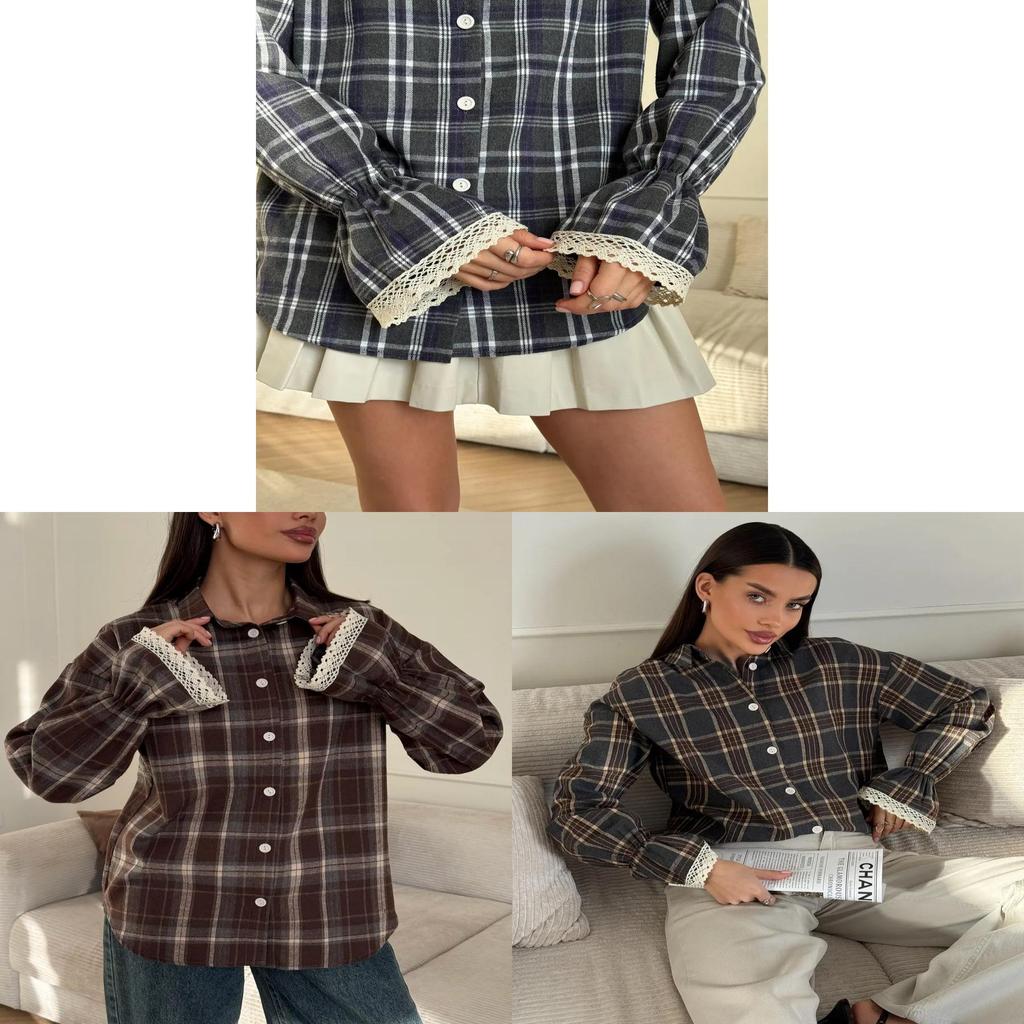 Casual Cotton Polyester Plaid Shacket With Long Sleeves For Spring Wear