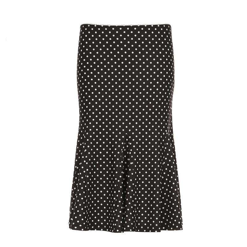 Women Black White Polka Dot Print High Waist Flared Hem Casual Midi Skirt S чёрный