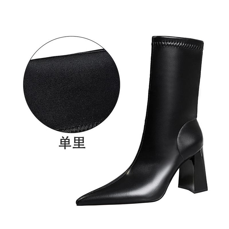 

Fashion Fashion Simple Warm Mid-Calf Chunky Block Heels Women Boots Pointed High-Heeled Pu Leather Slimming Boots Autumn Winter 34(Foot22cm)