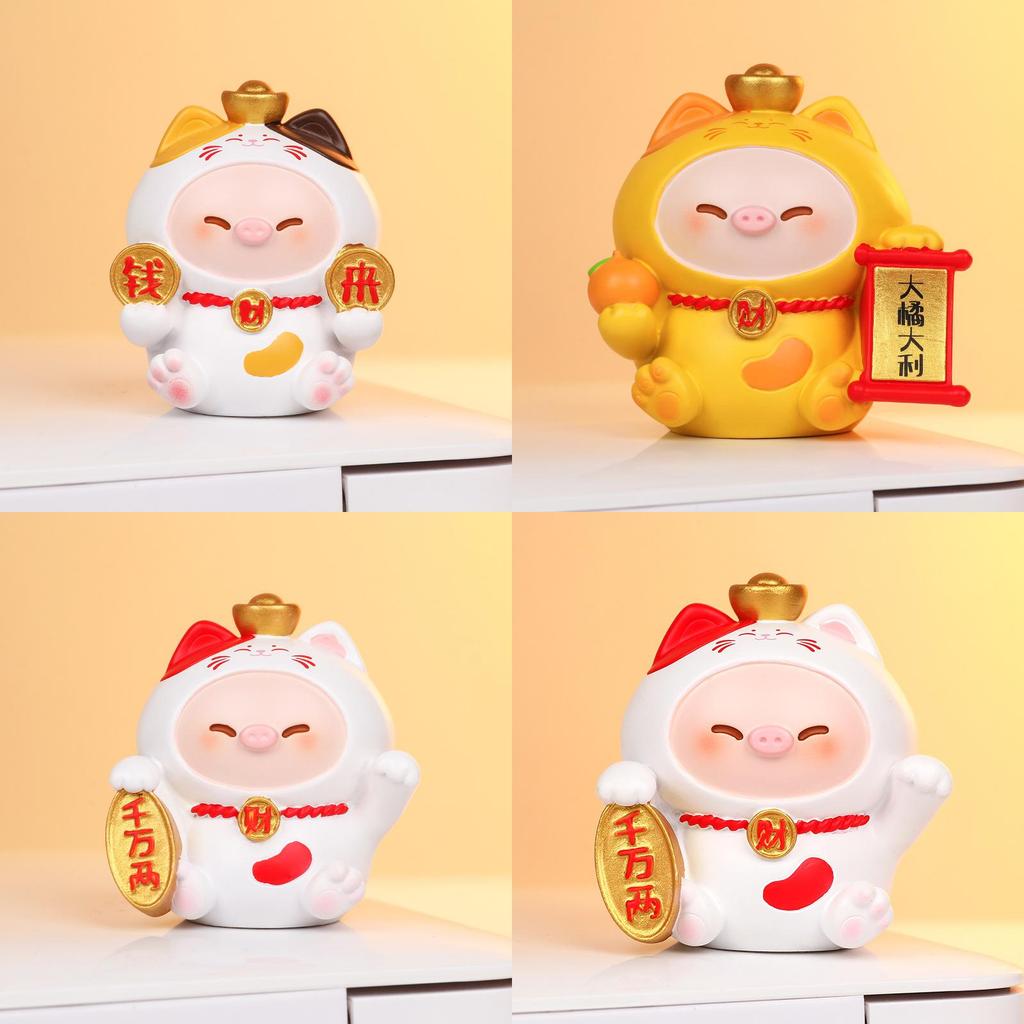 Cat Decor Resin Figurine With Wealth Symbols For Home Office Gift Ideas
