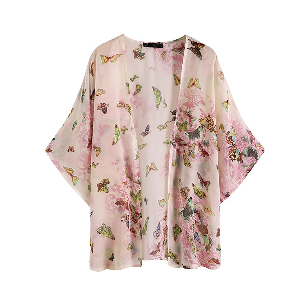 Women Chiffon Floral Print Kimono Loose Half Sleeve Shawl Cardigan Cover Up Tops