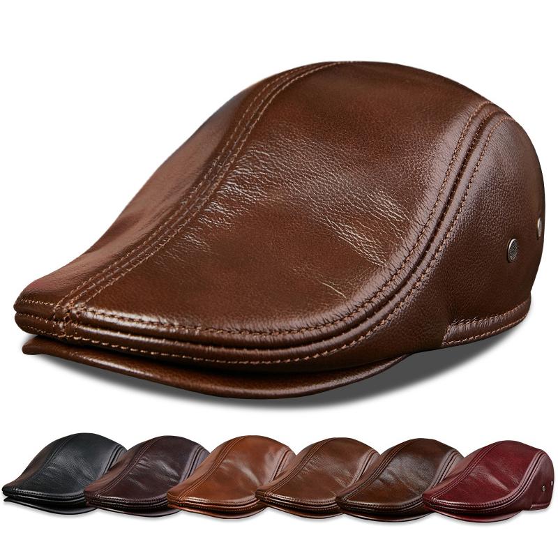 2025 Echte Leder-Barettmütze für Herren Warme Winddichte Wintermütze Mode Gentleman Schirmmütze Vintage Stilvolle Fahrermütze Geschenk