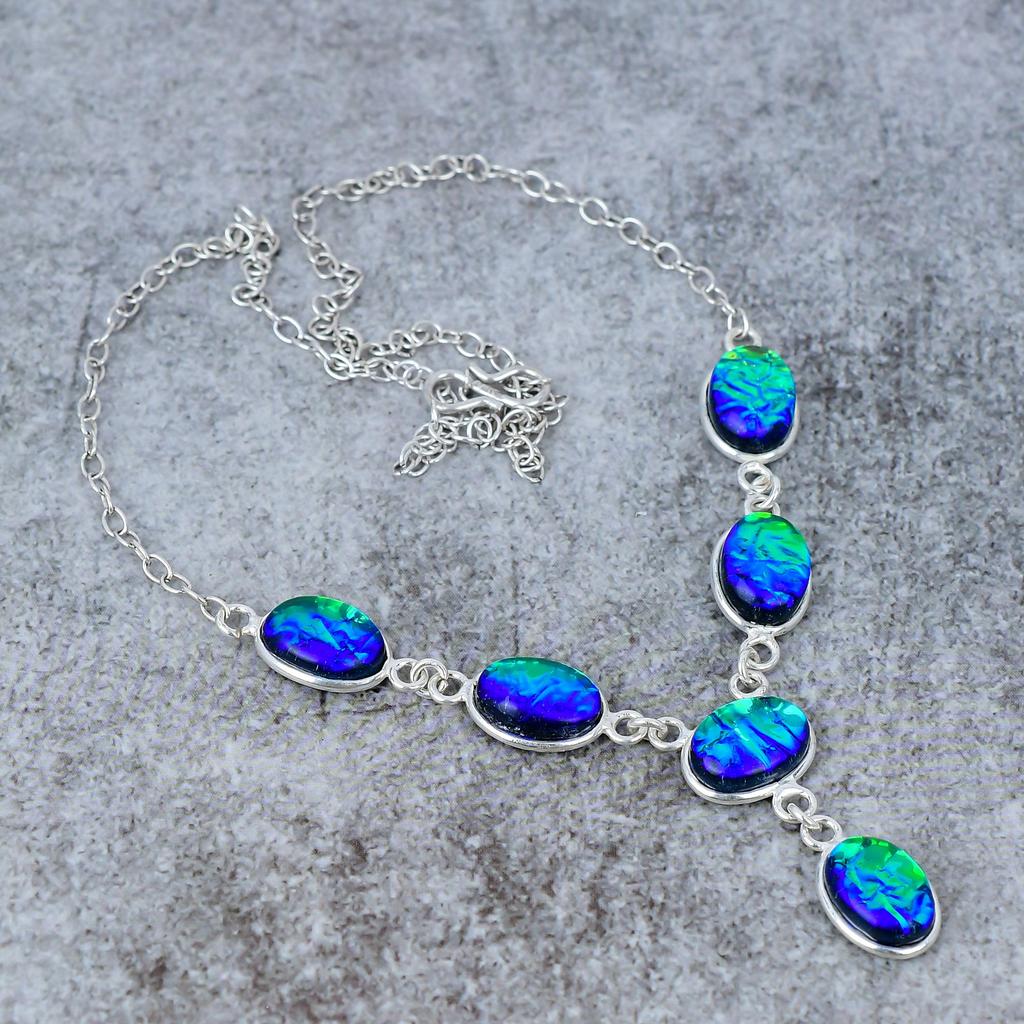 Blue Triplet Opal Gemstone Handmade 925 Sterling Silver Necklace 18" M-358