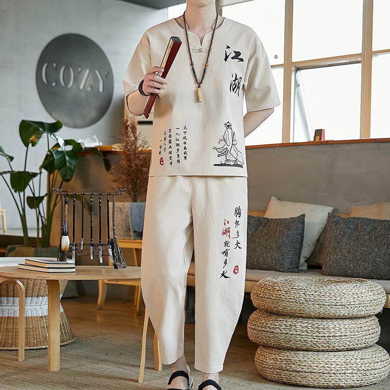 

Льняной костюм в китайском стиле, мужская футболка в стиле ретро с короткими рукавами, хлопковый и льняной костюм в стиле Тан, летний костюм больших размеров L бежевый