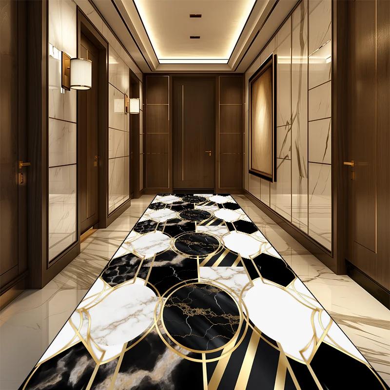 Marmor Luxus Langer Flurteppich Nordischer Stil Villa Flur Teppich Rutschfest Waschbar Lobby Gangläufer Anpassbare Läufermatte