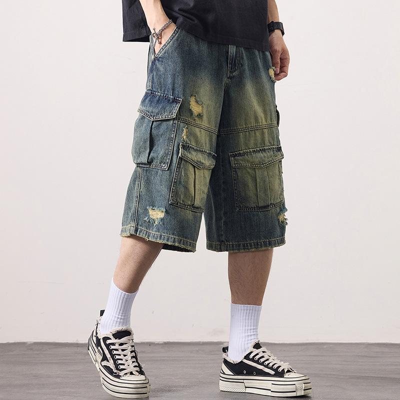 American Retro Washing Multi-pocket Work Denim Shorts Men's Summer Loose Wide-leg Cropped Pants