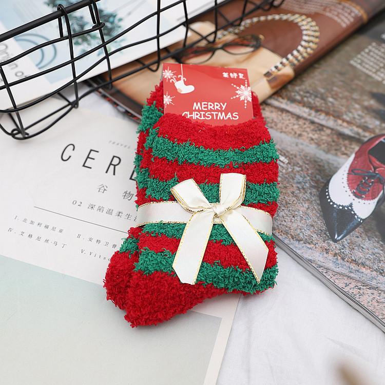 Autumn And Winter Coral Fleece Christmas Women'S Socks Home Heating Floor Socks Chinese New Year Festive Big Red Socks Female Cartoon Elk Socks