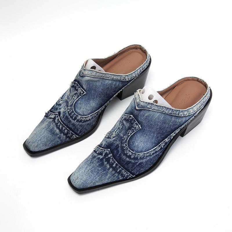Women Pointed Toe Sandals British Style  Luxury Outdoor Half Slippers Slip On Mules Femme Shoes Ladies Denim Chunky Heeled Slide