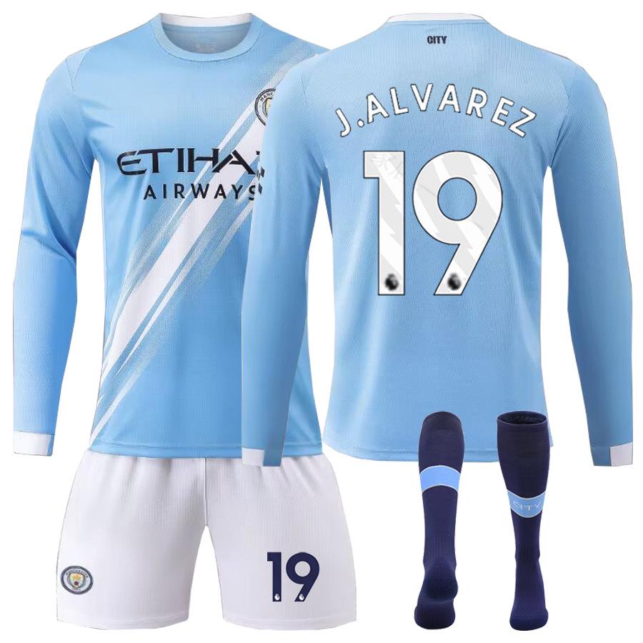 Set Maglia a Maniche Lunghe da Casa per Bambini del Manchester City: Haaland #9, Foden #47, Mahrez #7.