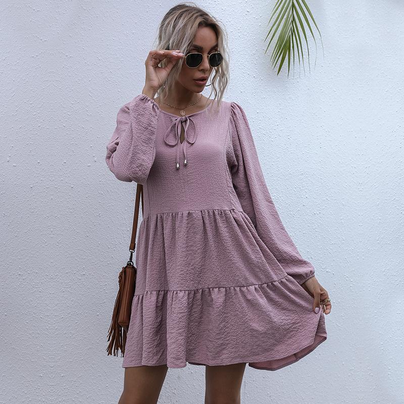 

YYFS женские модные летние весенние однотонные повседневные платья с длинным рукавом и круглым вырезом с принтом XL пурпурный розовый