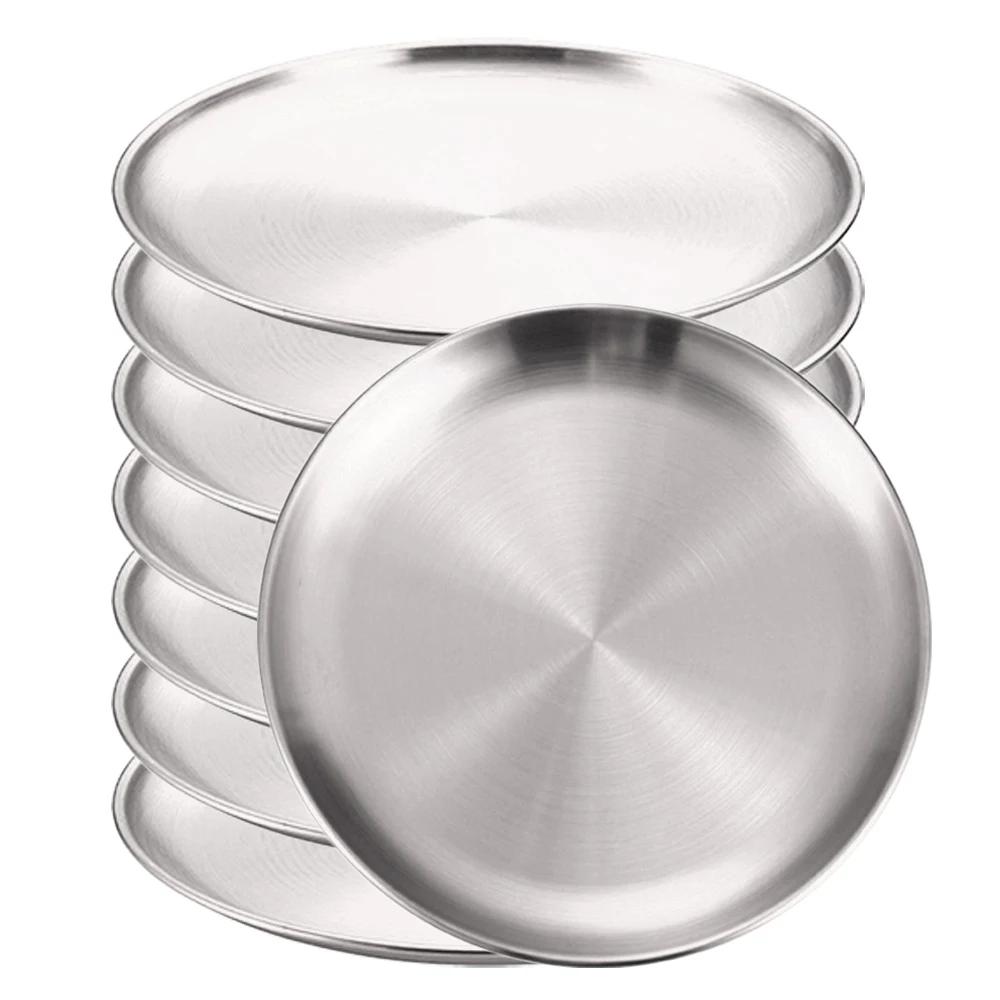 8Pcs Stainless Steels Round Golden Shallow Tray Plate Rust-Proof 14/17/20/23/26cm Camping Plate BBQ Picnic Dishes Cookware