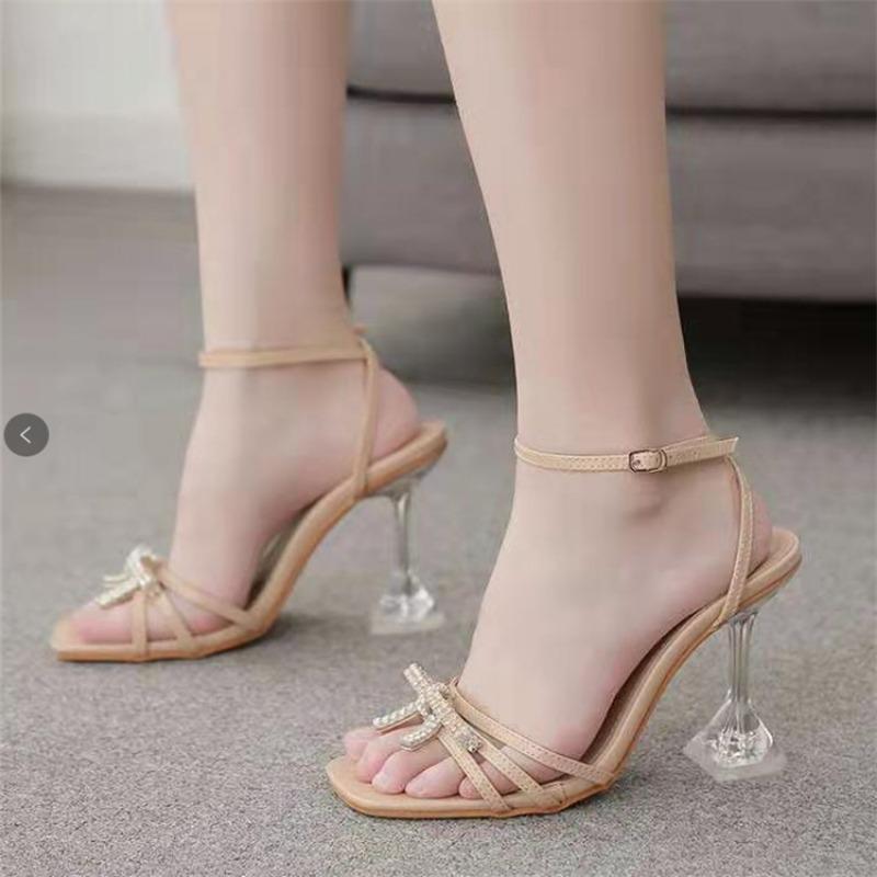 Large Size High-heeled Sandals Women Outside Wear Rhinestone Bow Solid Color Fine High Heels