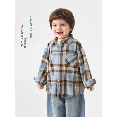 Right European Style Boys' Bear Print Blue and Brown Plaid Shirt 2026 New Spring Baby Long-Sleeve Stylish Cardigan Children's Top