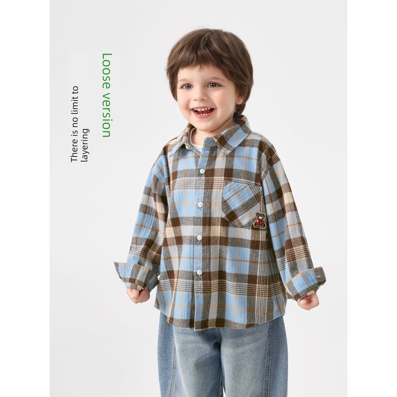 Right European Style Boys' Bear Print Blue and Brown Plaid Shirt 2026 New Spring Baby Long-Sleeve Stylish Cardigan Children's Top