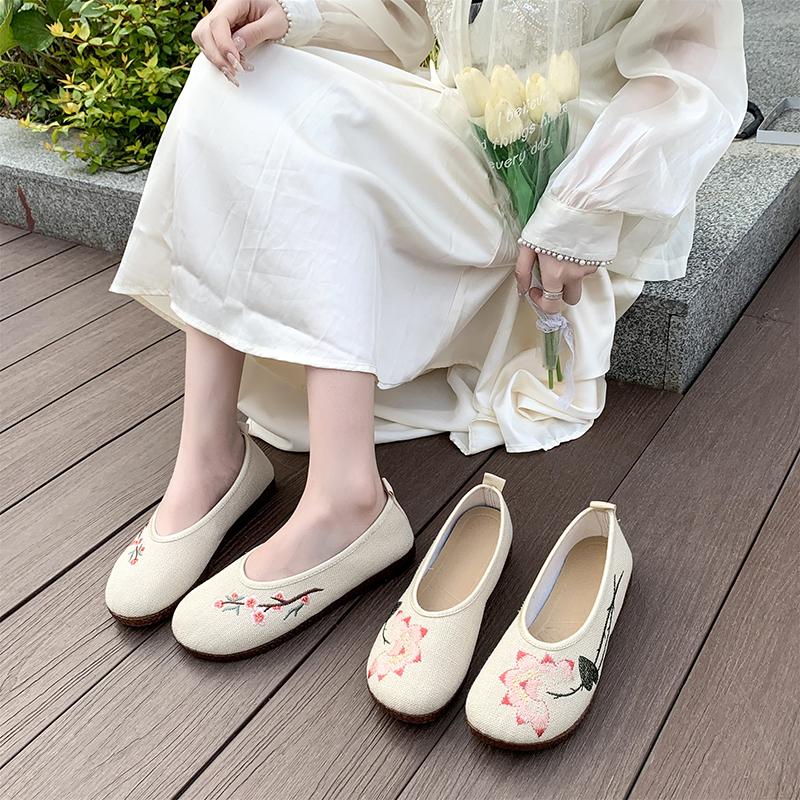 Flower Embroidered Women Comfortable Canvas Ballet Flats Instep Buckles Ladies Casual Flat Shoes Old Beijing Shoes