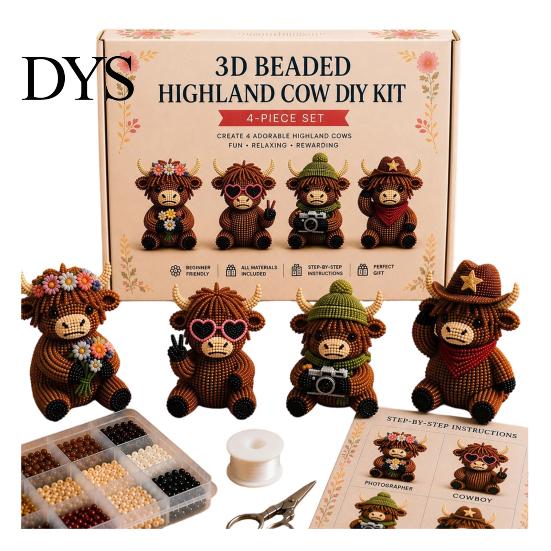 Sammlerstück Perlenkunst 3D Perlen Hochlandkuh Bausatz für Erwachsene, Kleine Tiere, DIY-Bausatz, Bastelset Perlenstickerei-Sets, 4 Niedliche Designs Thematisch
