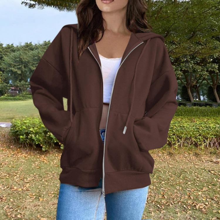 Women's Casual Solid Color Long Sleeve Zippered Hooded Sweatshirt Fashion Top