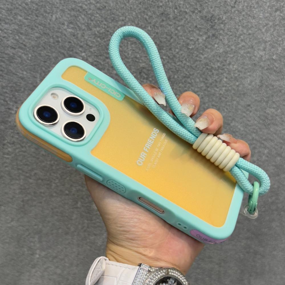 Candy Contrast Color Laser Wrist Strap Case For iPhone 14 15 16 17 Pro Max Frosted IMD Anti-Loss Cord Lanyard Soft Bumper Cover
