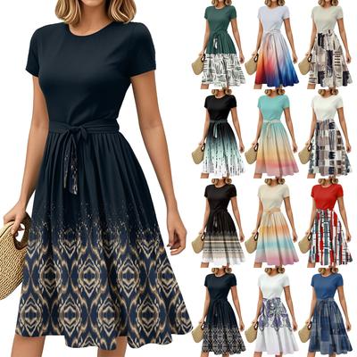 Moda Feminina Cinto Casual Manga Curta Gola Redonda Estampado Geométrico Decote Emenda Vestidos Temperamento Elegante