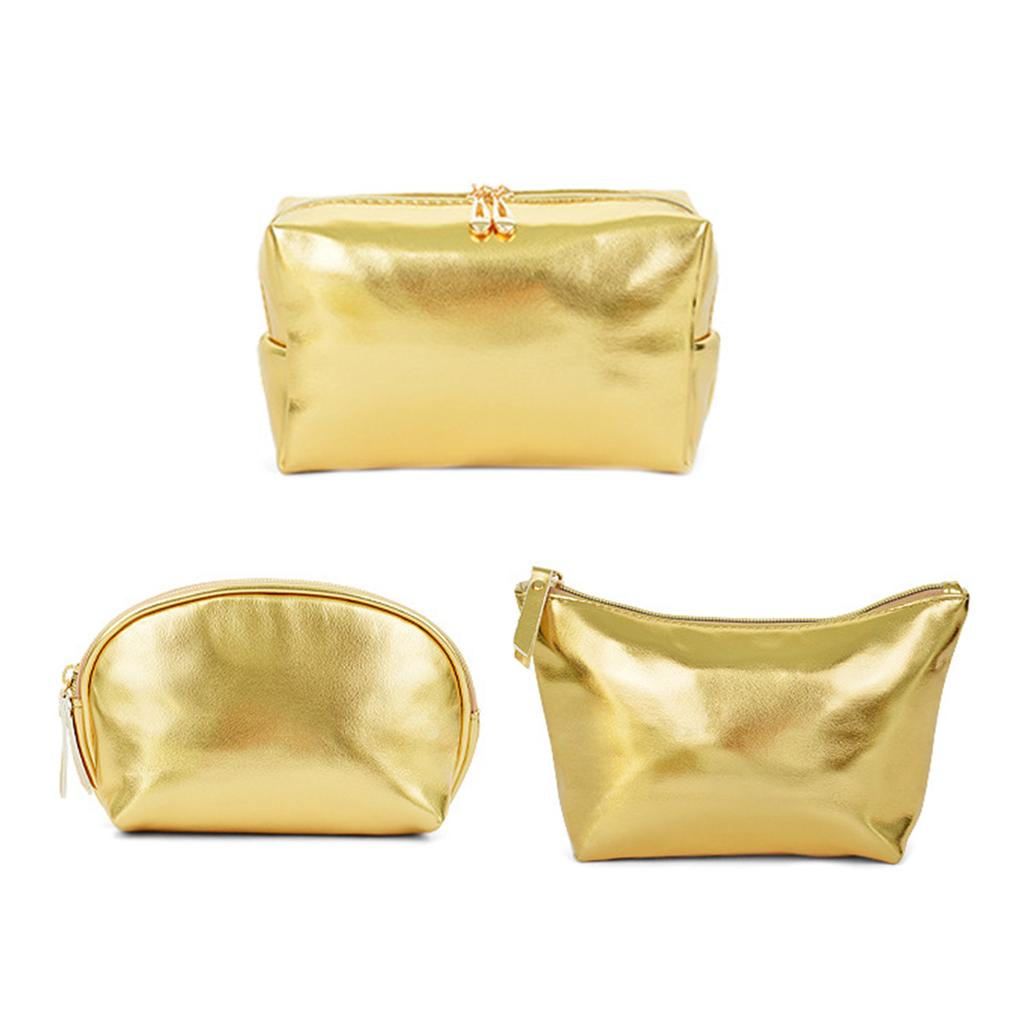 Handheld Makeup Bag with Large Capacity Gold PU Leather Zipper Bags Versatile Make Up Pouch Cosmetic Travel Organizer