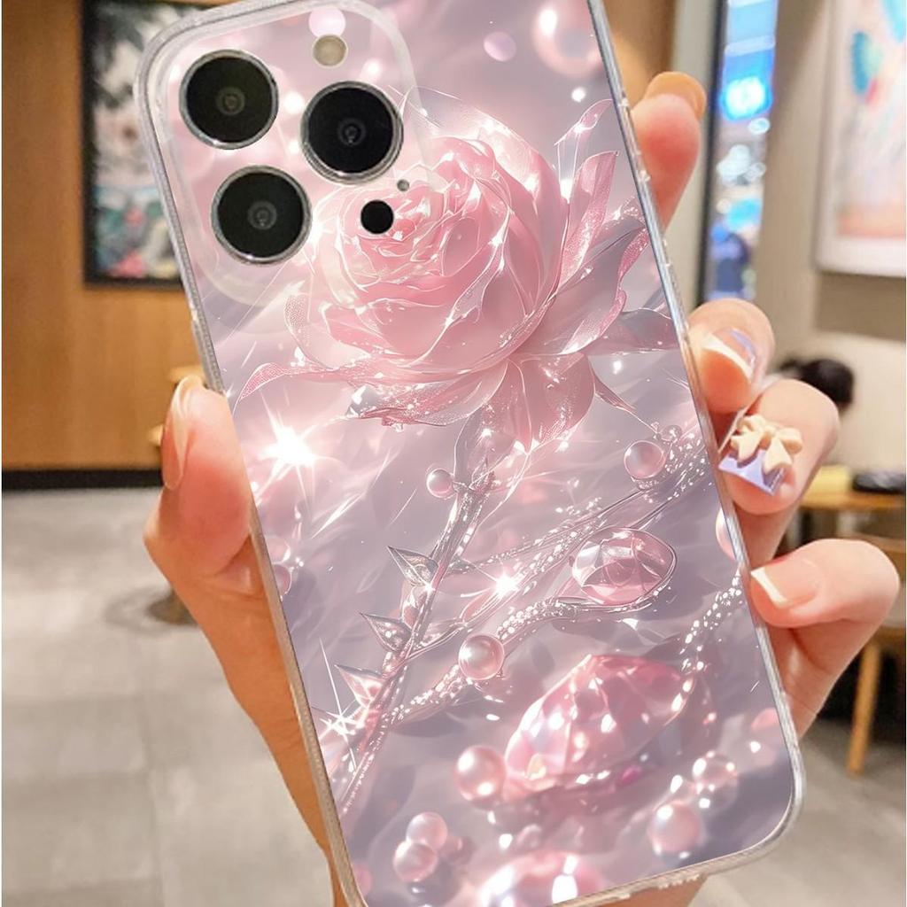 Pink Rose Anti-Drop Transparent Case for iPhone 14/15/16/17 Pro Max