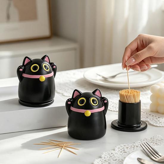 Black Fortune Cat Toothpick Holder Large Capacity Dust-Proof Covered Toothpick Storage Box Kitchen Toothpick Dispenser Container with Lid