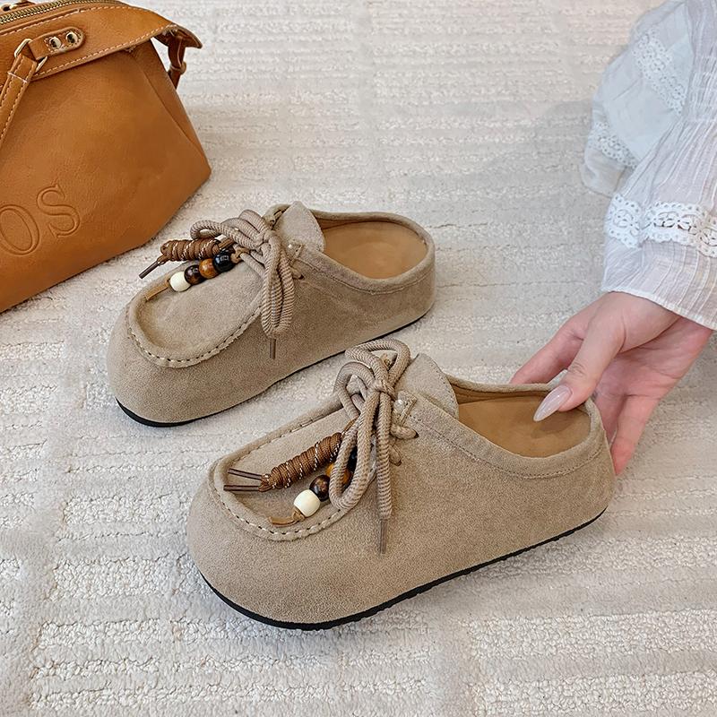 Fashion Women's Flat Shoes Cover Toe Slingback Lace-up String Bead One Kick Increased Internal Slippers All-match RetroSuede Women Shoes