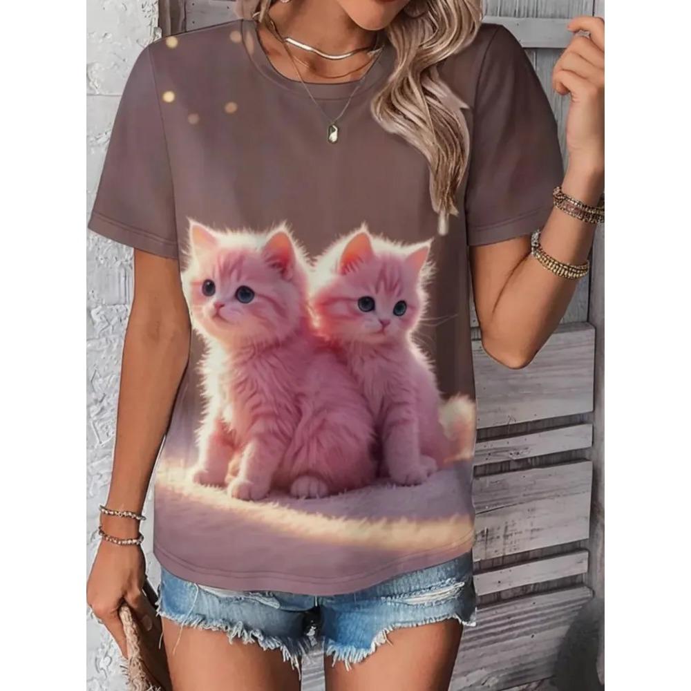Summer Round Neck Cat Pattern 3D Print Top Fashionable Casual Short Sleeved Women's T-shirts