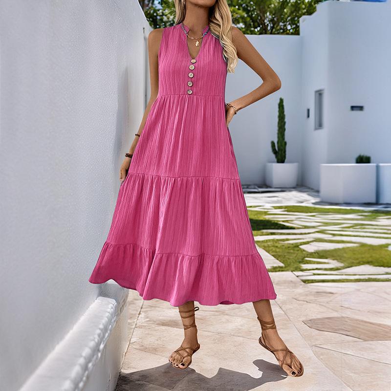 2025 Summer New Simple Style Medium and Long Dress Button Solid Color V-neck Sleeveless Dress