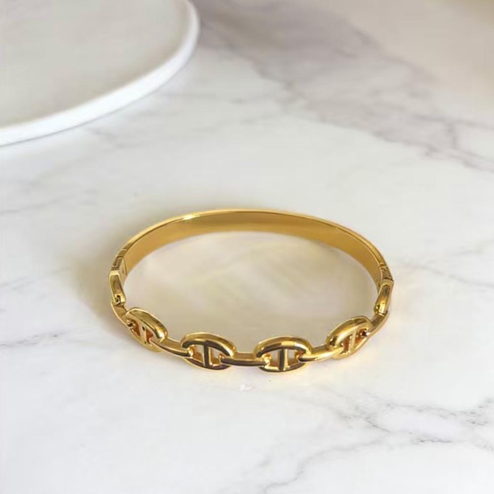 Stainless Steel Snap-on Bangles Women Gold Color D Chain Bangles Fashion Jewellery Accessories Gifts 60mm Button Bracelets