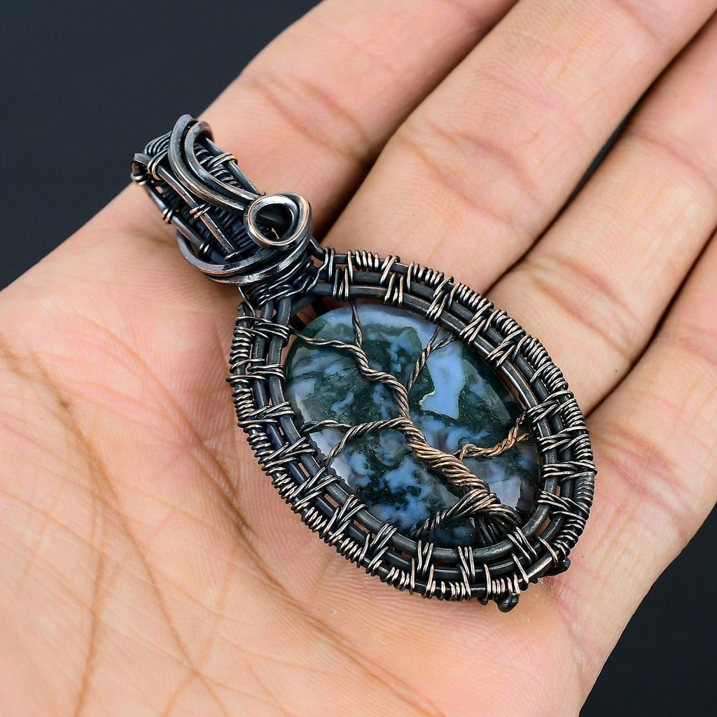 Tree Of Life Moss Agate Gemstone Handmade 925 Sterling Silver Jewelry Pendant For Her