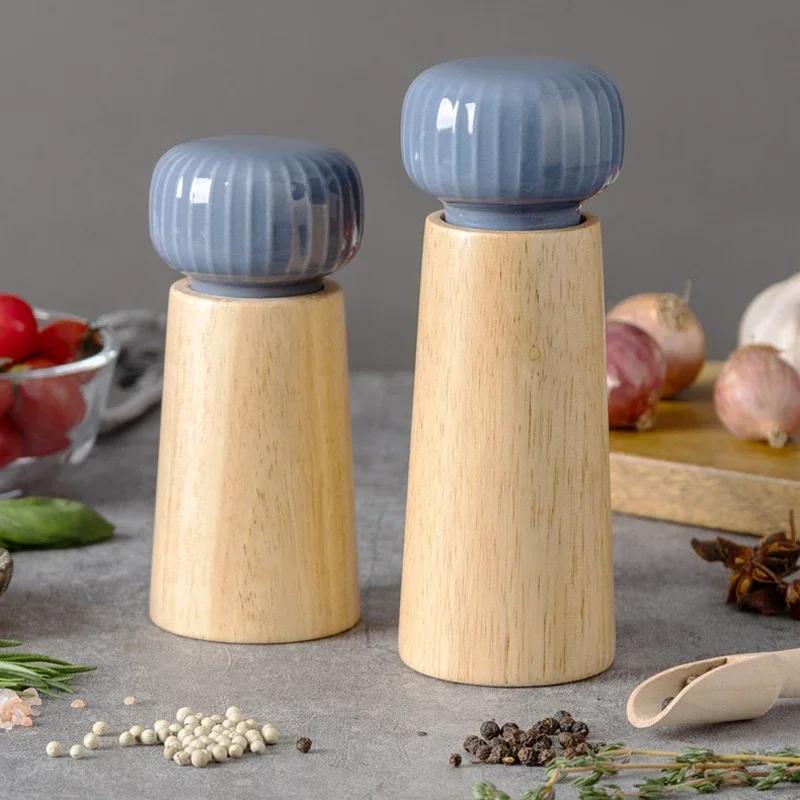 Spice Mill Salt and Pepper Grinder Refillable Shaker Manual Herbs Grinder Adjustable Ceramic Core Wooden Bottle Kitchen Tools