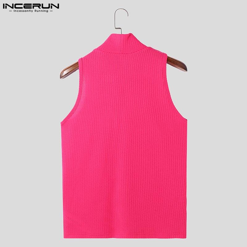 INCERUN Men High Neck Sleeveless Hollow Out Texture Casual Summer Tank Tops