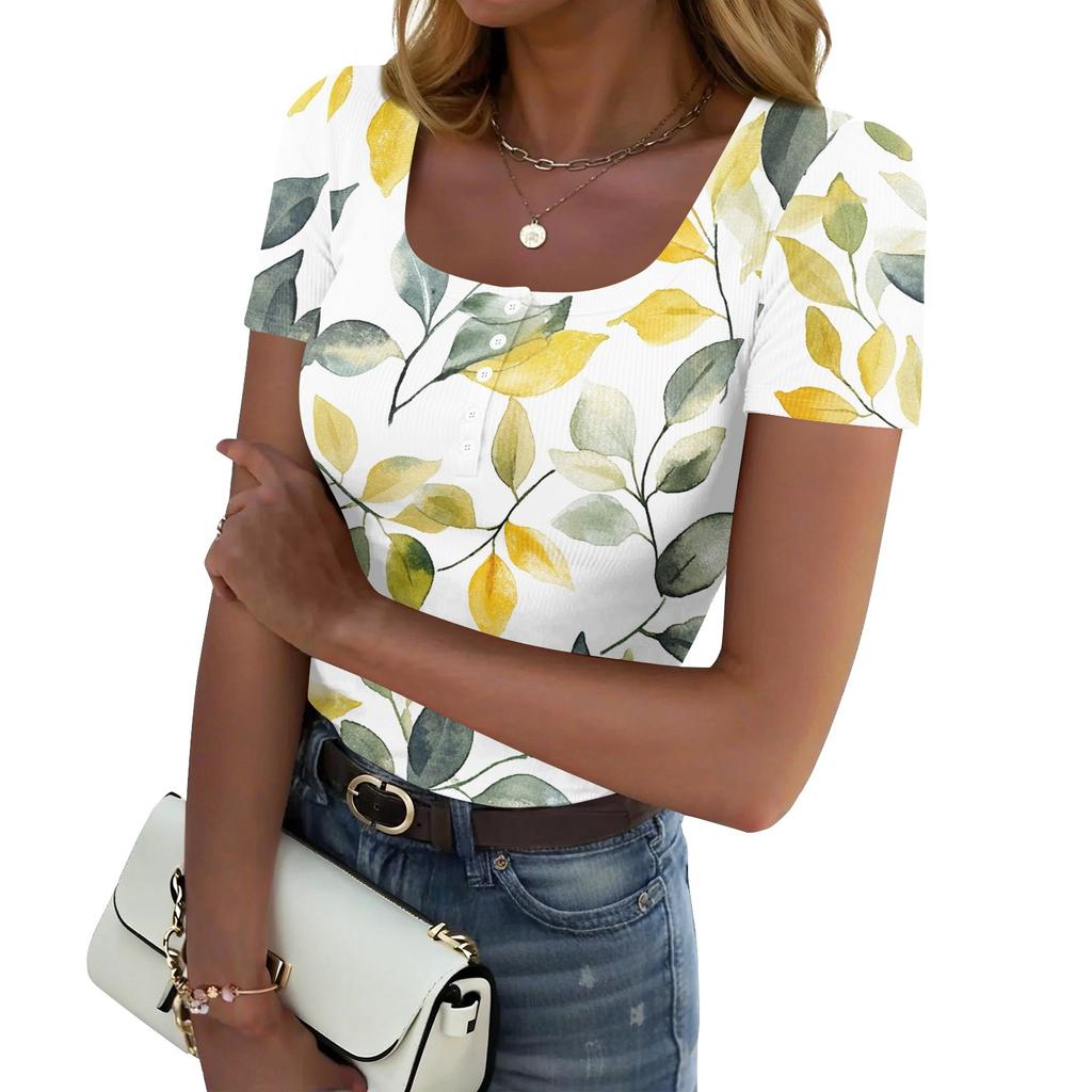 Women's Summer Fashion Tops Short Sleeve Square Neck Button Fashion Casual Floral Ribbed Knit Shirt