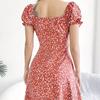 Women Summer Casual Lantern Sleeve Floral Printed Slim Fit Above Knee Length One Piece Dress