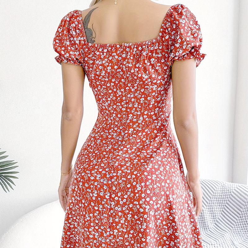 Women Summer Casual Lantern Sleeve Floral Printed Slim Fit Above Knee Length One Piece Dress