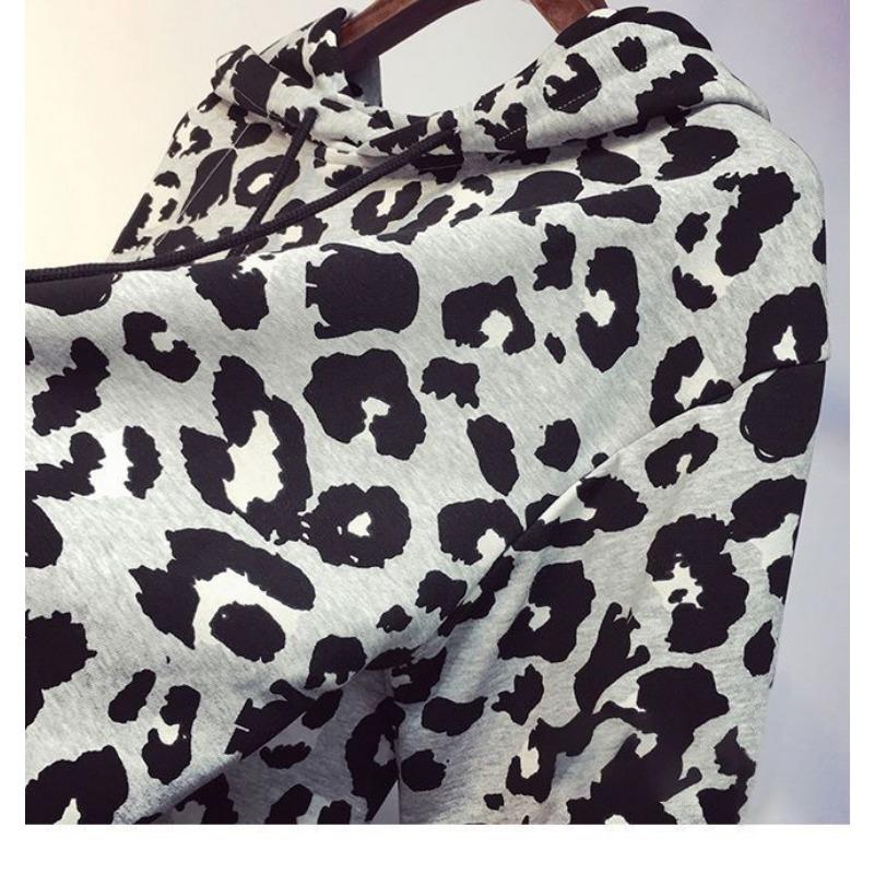 Damen Langarm Sweatshirt mit Leopardenmuster Frühling und Herbst Lockeres und Dünnes Oberteil mit Kordelzug in der Taille