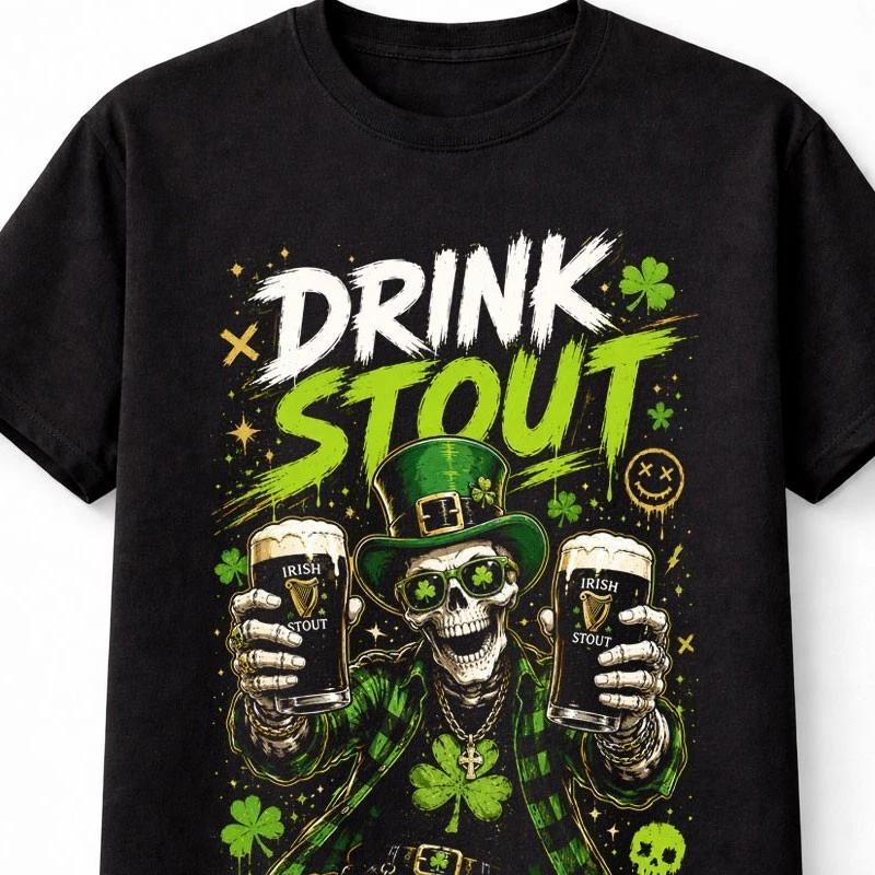 Drink Stout Irish Skull Alcohol Skeleton Green Graphic Unisex TShirt S