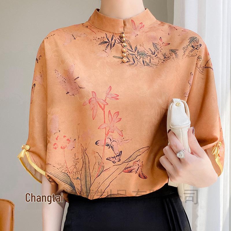 

Elegant Xiangyun Yarn Stand-Up Collar Short-Sleeve T-Shirt - Loose and Comfortable Women s Top for a Chic, Effortless Style M (90-125 jin)